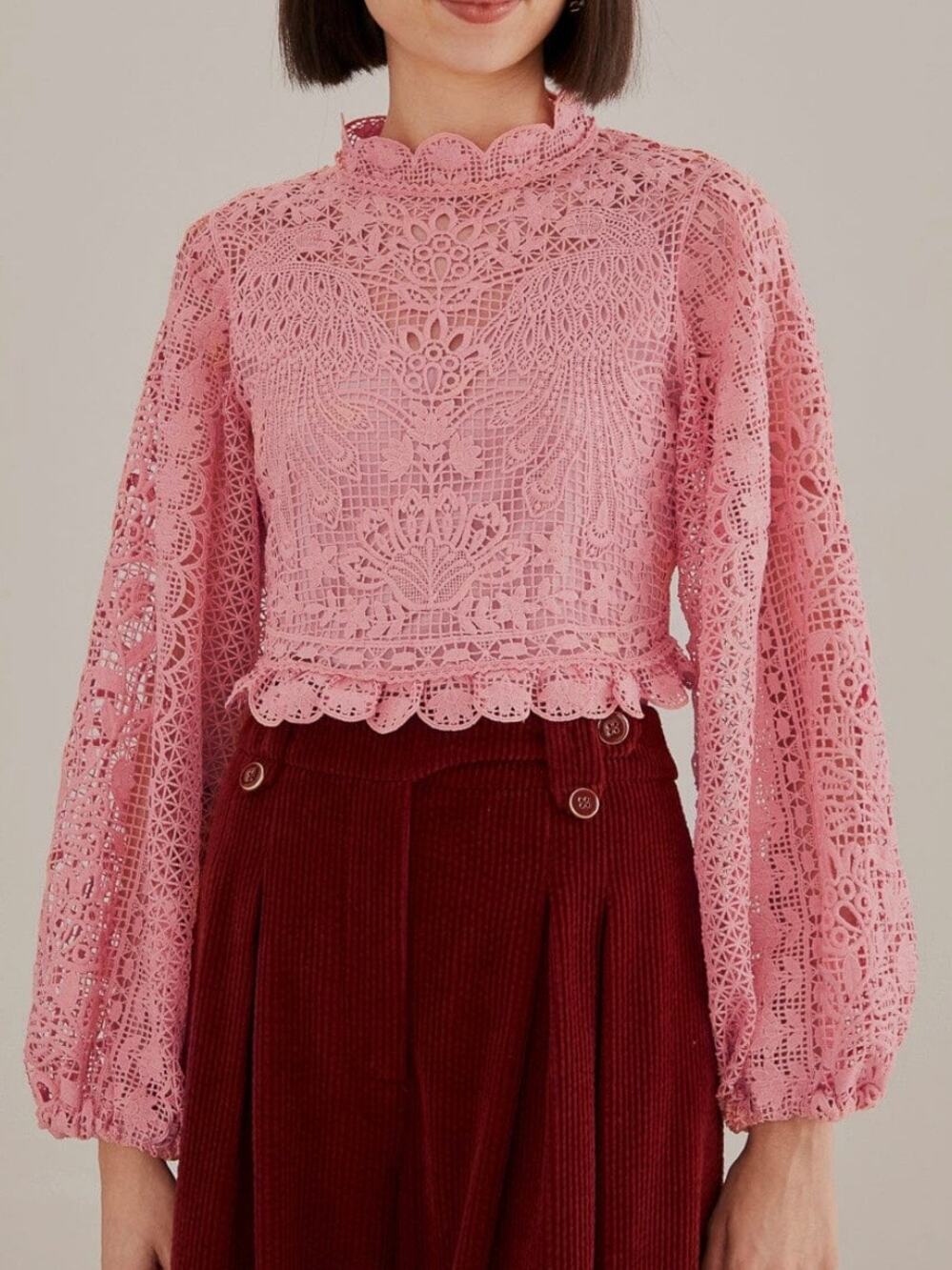 FARM Rio Guipure Lace Crop Top Pink High Neck Balloon Sleeve Size Small
